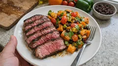 Vazia grelhada suculenta com batata-doce assada e molho de laranja em minutos