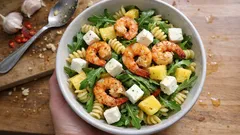 Salada de massa com camarão e queijo de cabra: fresca, cremosa e perfeita para a marmita