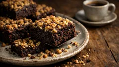 Bolo de chocolate húmido com crumble crocante para um lanche de conforto