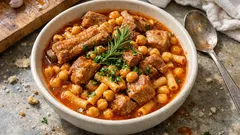 Rancho à portuguesa bem apurado: porco, grão e macarrão num só tacho