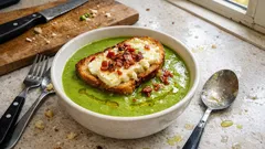 Creme de ervilhas com tosta de brie e presunto crocante: sopa rápida e reconfortante