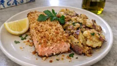 Salmão crocante no forno com esmagada de batata — jantar simples com ar especial