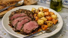 Carne de vaca assada com batata-doce: tudo no mesmo tabuleiro e bem suculento