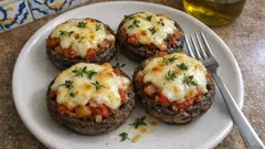 Cogumelos Portobello recheados no forno: tomate, tomilho e mozzarella a gratinar