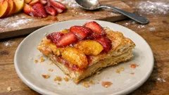 Tarte folhada de pêssego e morango: estaladiça, rápida e com fruta bem suculenta