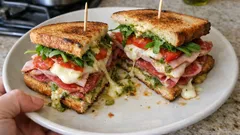 Sanduíche club italiana com pesto e mozzarella: camadas altas e pão bem tostado