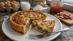 Quiche de carne picada com bacon e mozarela: fica cremosa e corta em fatias perfeitas