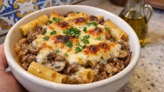 Rigatoni gratinado com carne picada e cogumelos — cremoso, simples e bem dourado