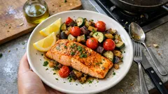 Salmão dourado com legumes salteados: jantar prático com limão e ervas