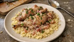 Coelho com natas e bacon no tacho: molho cremoso e cuscuz bem solto