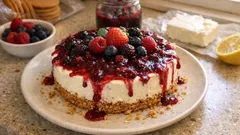 Cheesecake de frutos vermelhos sem forno: base de bolacha Maria e creme bem leve