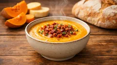 Sopa cremosa de abóbora e batata com bacon crocante: receita perfeita para o inverno