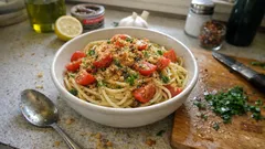 Esparguete com anchovas: molho sedoso em 15 minutos (com pão ralado dourado)